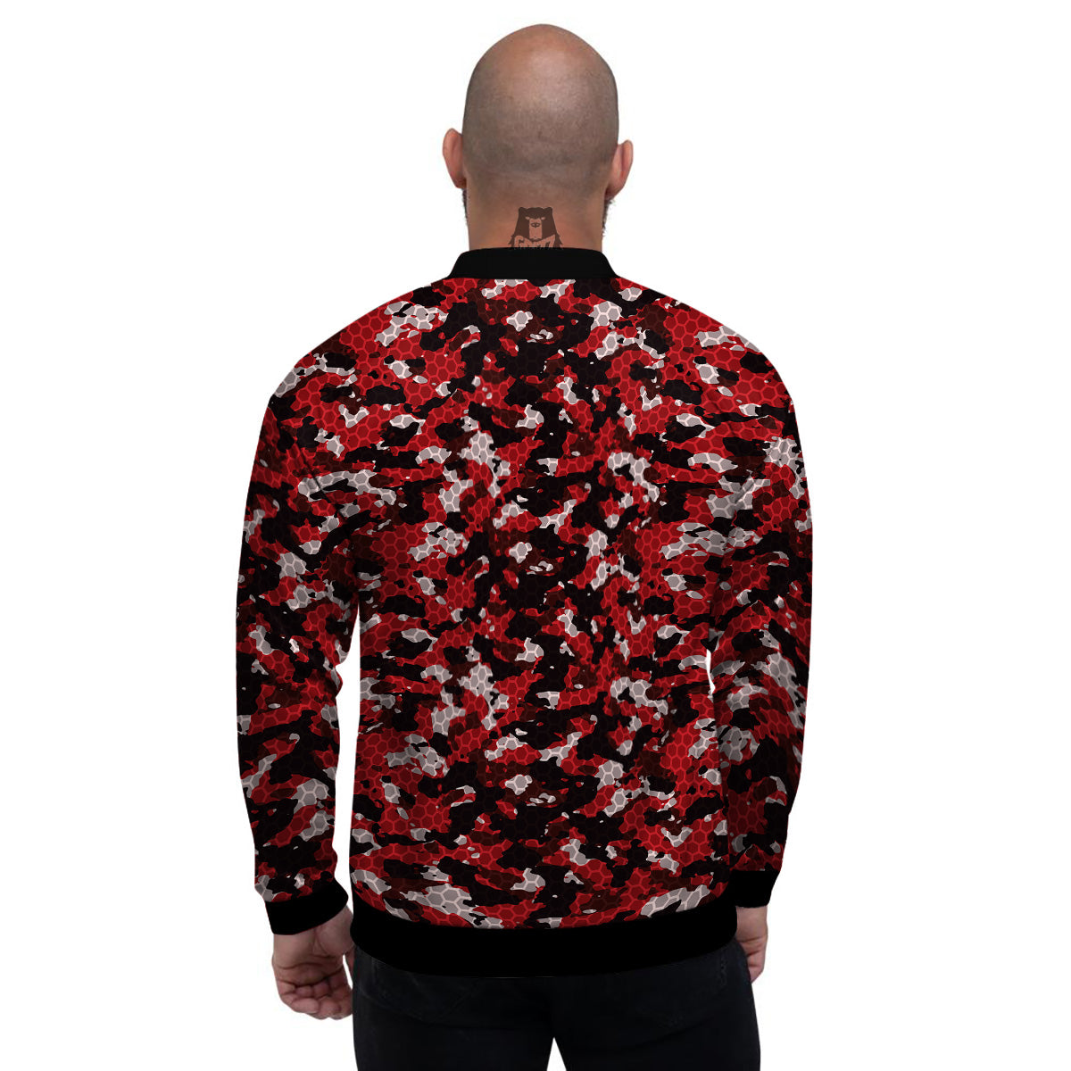 Red Black Hi Tech Camo Hexagonal Grid Print Pattern Men's Bomber Jacket-grizzshop