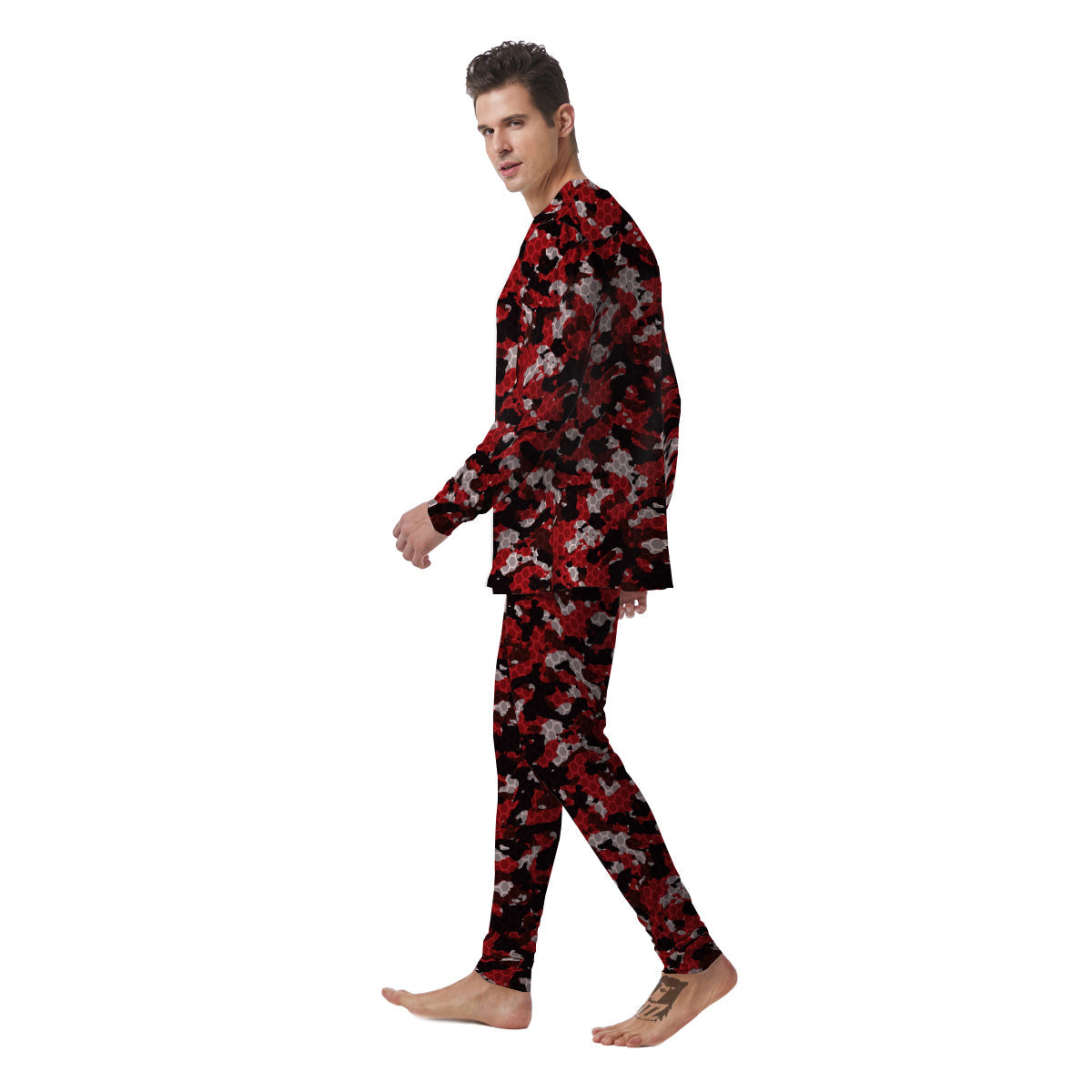 Red Black Hi Tech Camo Hexagonal Grid Print Pattern Men's Pajamas-grizzshop