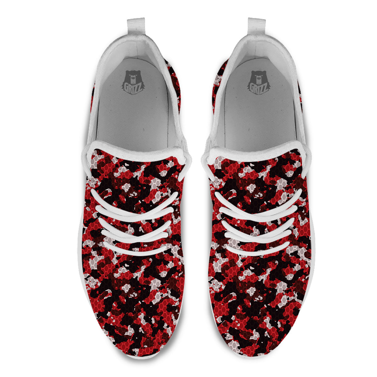 Red Black Hi Tech Camo Hexagonal Grid Print Pattern White Athletic Shoes-grizzshop