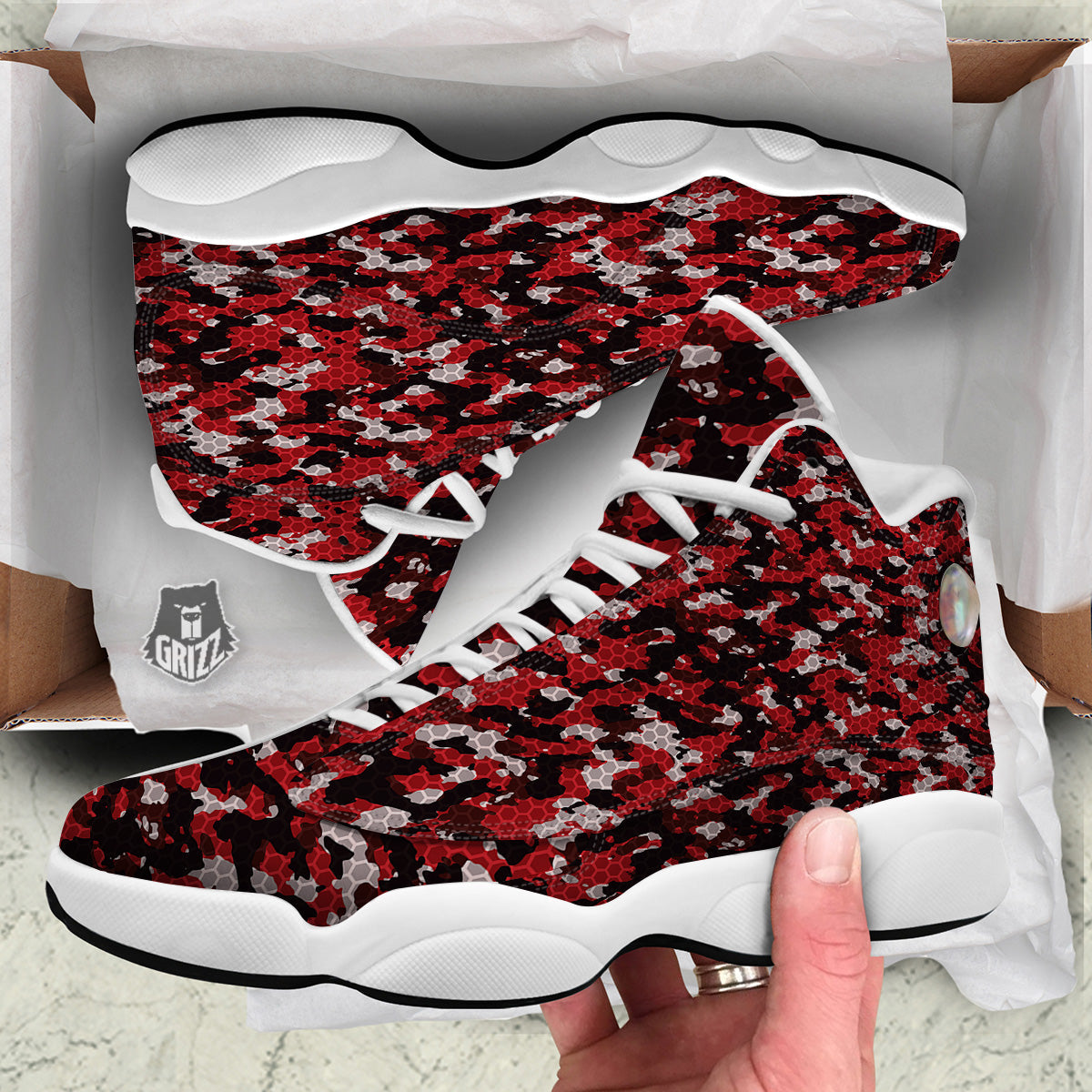 Red Black Hi Tech Camo Hexagonal Grid Print Pattern White Basketball Shoes-grizzshop