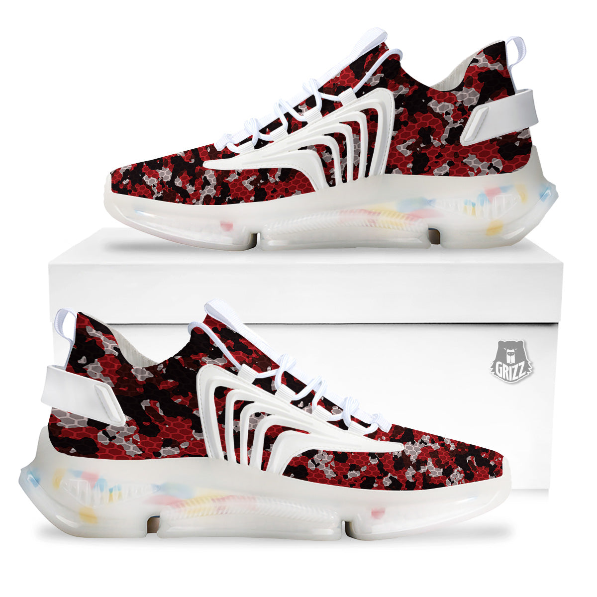 Red Black Hi Tech Camo Hexagonal Grid Print Pattern White Gym Shoes-grizzshop