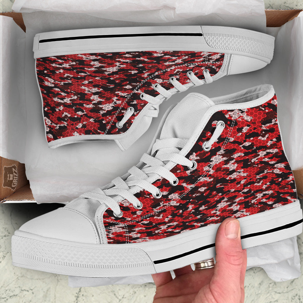 Red Black Hi Tech Camo Hexagonal Grid Print Pattern White High Top Shoes-grizzshop