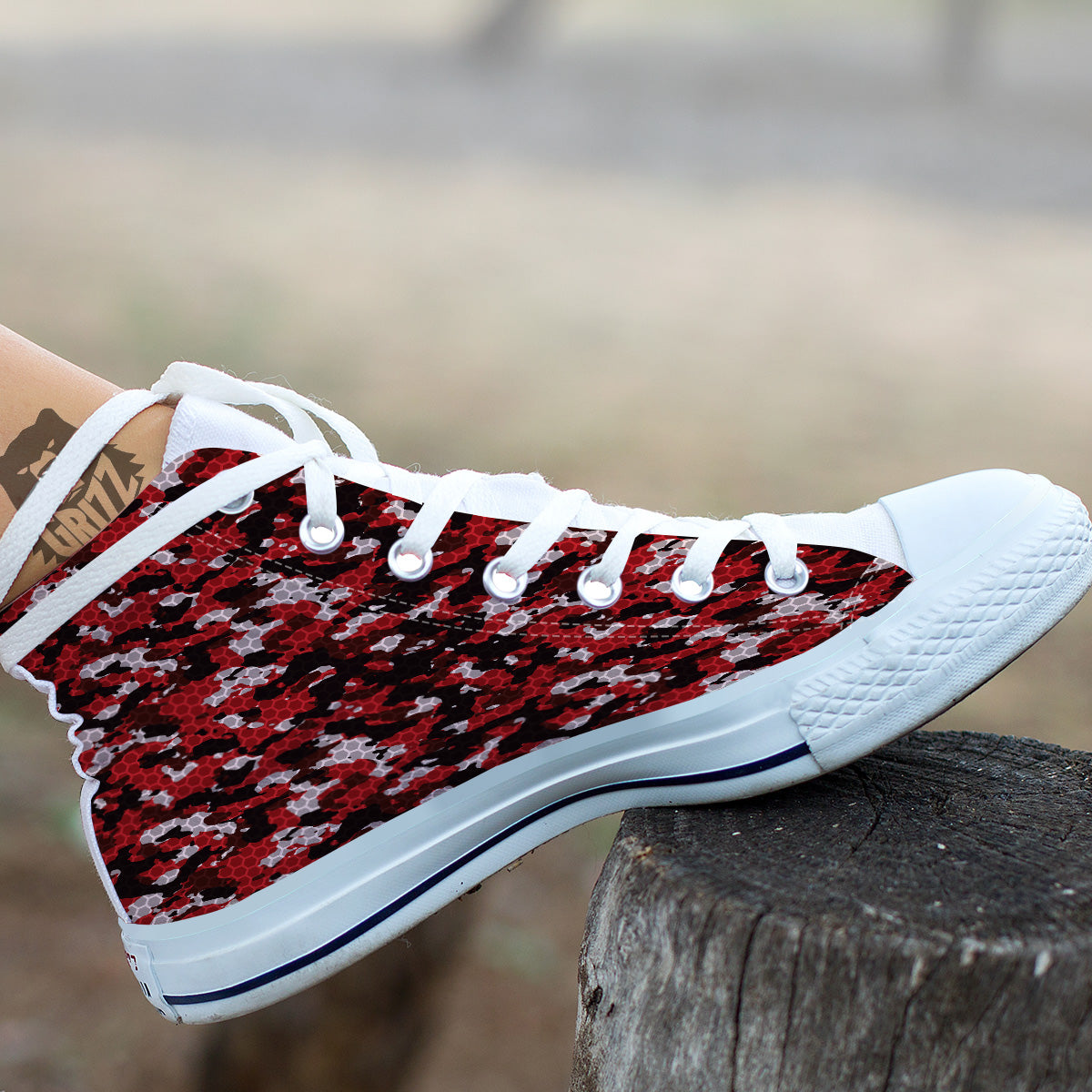 Red Black Hi Tech Camo Hexagonal Grid Print Pattern White High Top Shoes-grizzshop