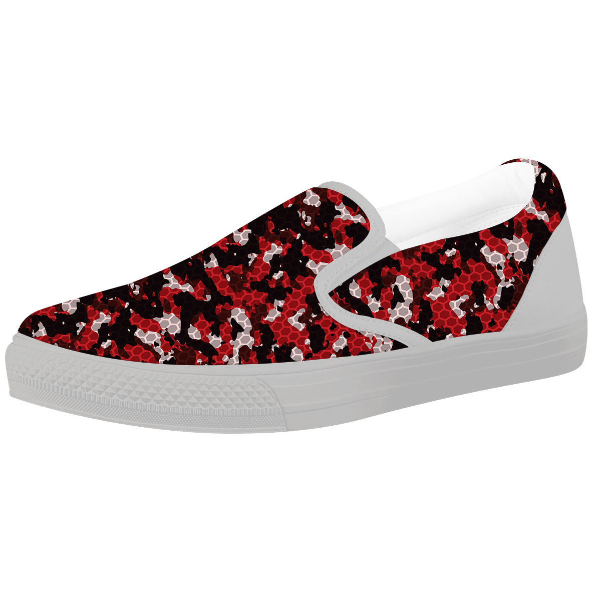 Red Black Hi Tech Camo Hexagonal Grid Print Pattern White Slip On Shoes-grizzshop