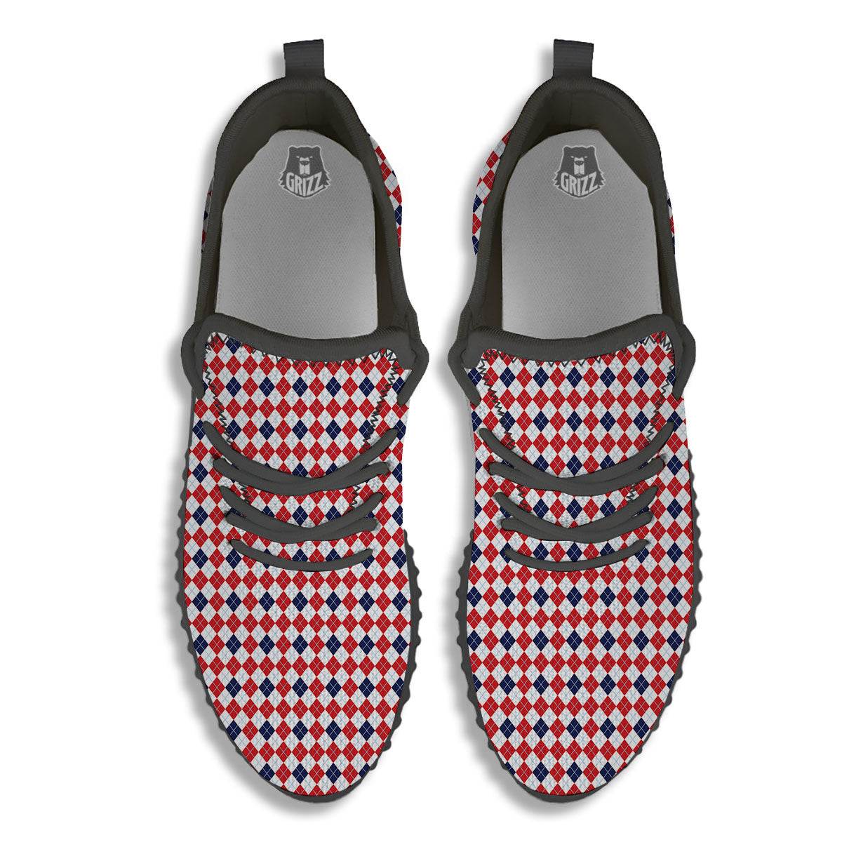 Red Blue And White Argyle Print Pattern Black Walking Shoes-grizzshop