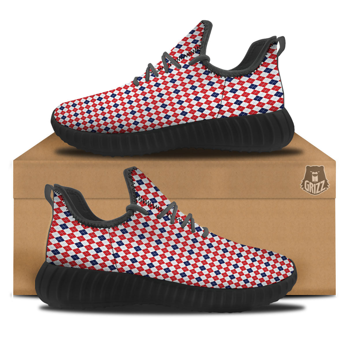 Red Blue And White Argyle Print Pattern Black Walking Shoes-grizzshop