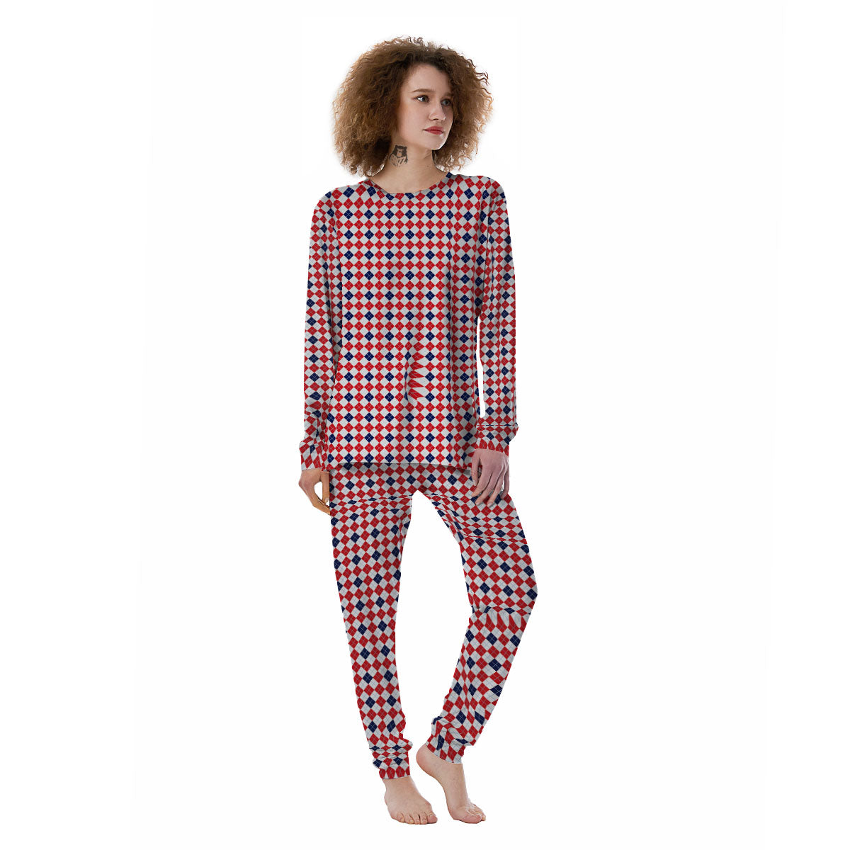 Red Blue And White Argyle Print Pattern Women's Pajamas-grizzshop