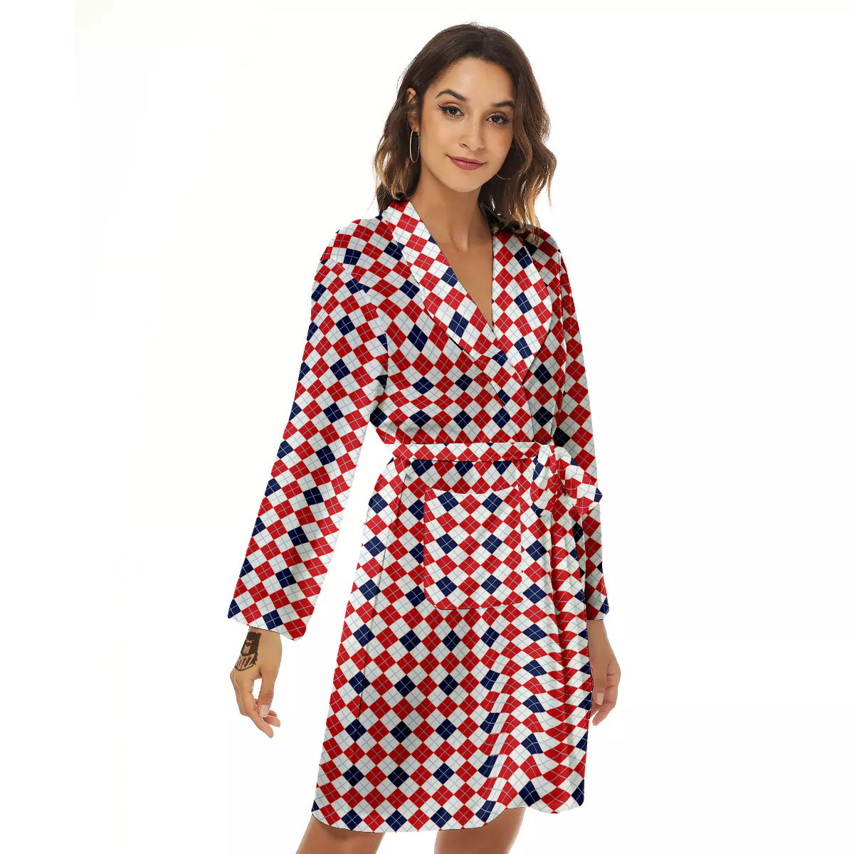 Red Blue And White Argyle Print Pattern Women's Robe-grizzshop