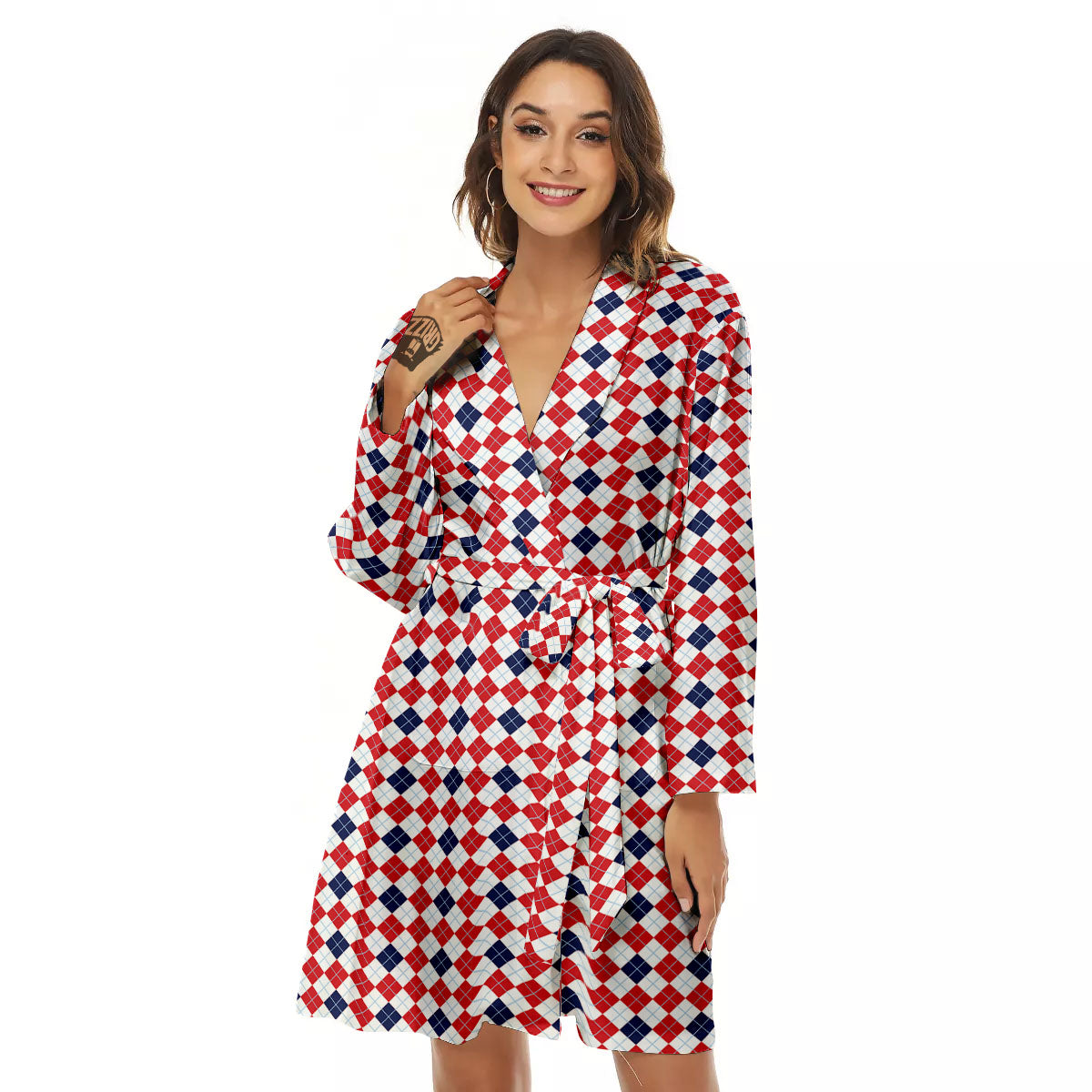 Red Blue And White Argyle Print Pattern Women's Robe-grizzshop