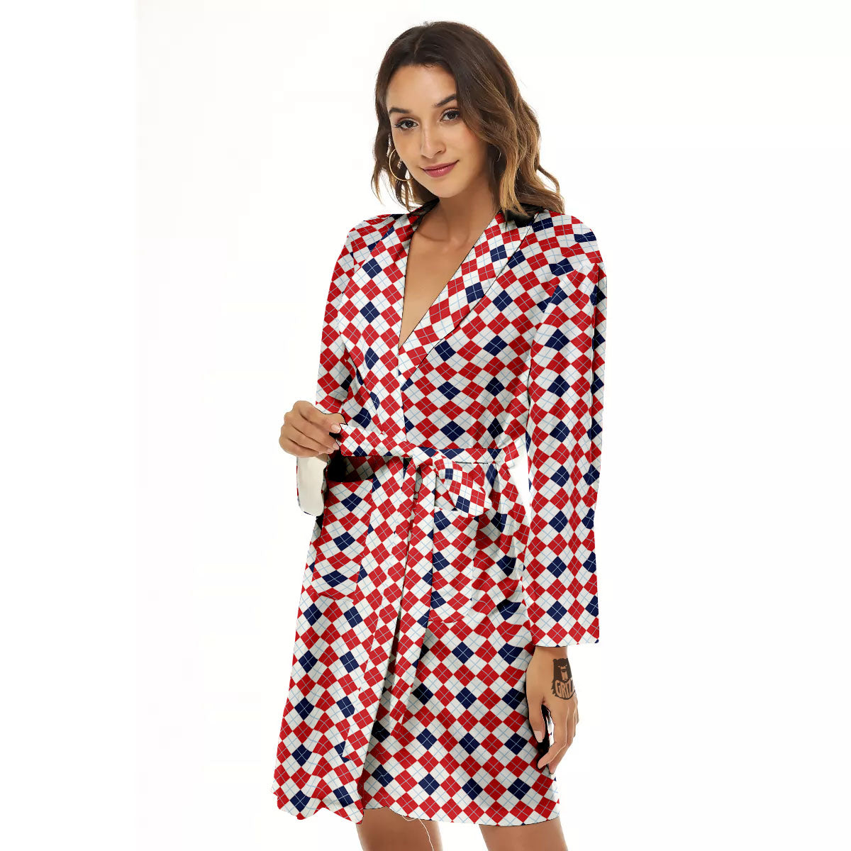 Red Blue And White Argyle Print Pattern Women's Robe-grizzshop