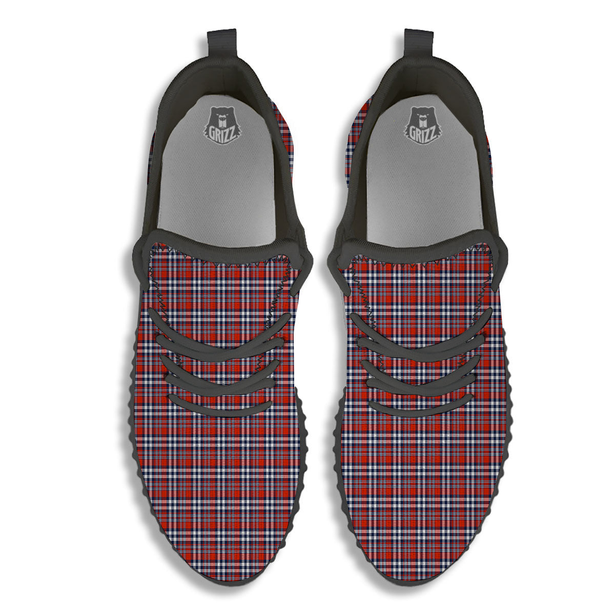 Red Blue And White Check Print Pattern Black Walking Shoes-grizzshop