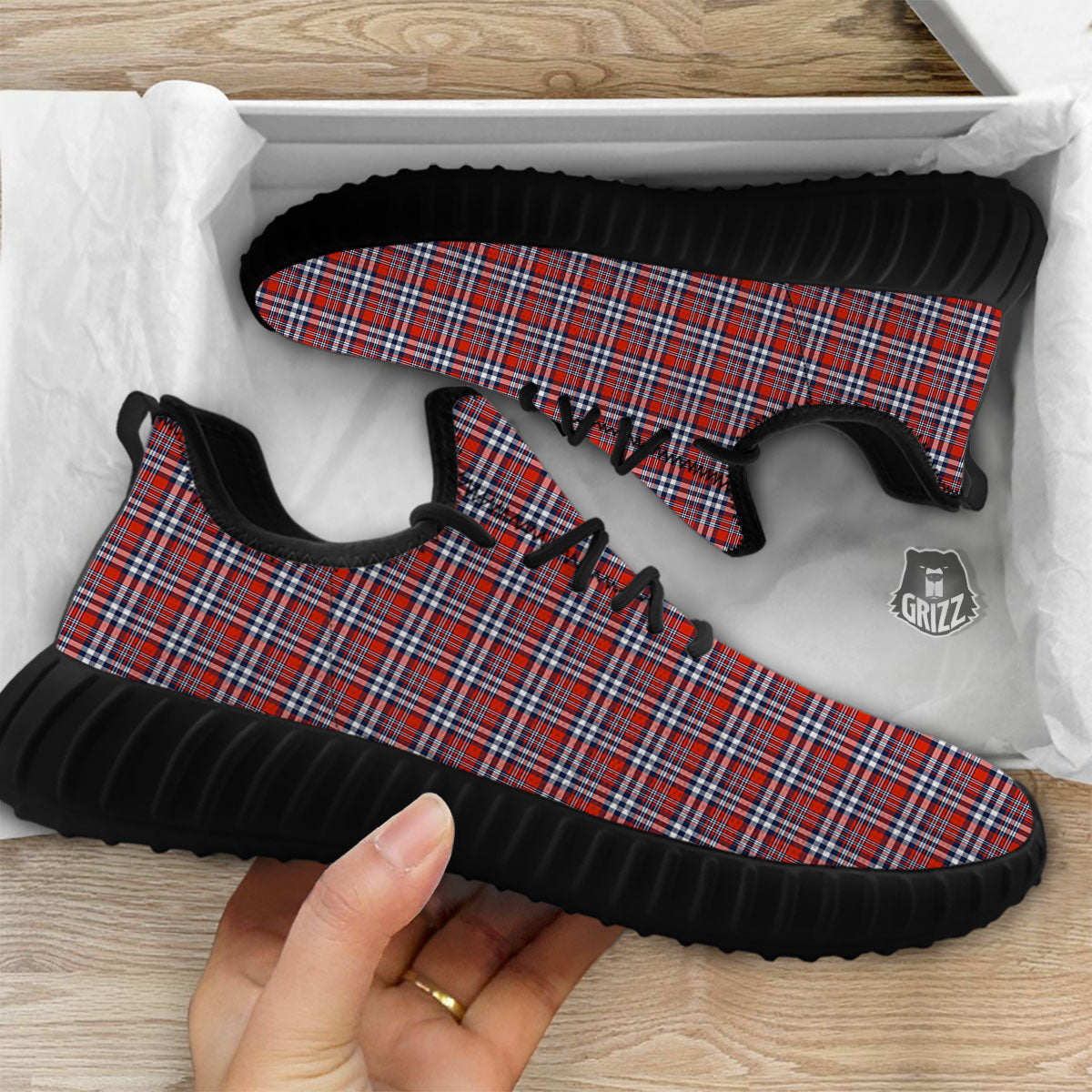 Red Blue And White Check Print Pattern Black Walking Shoes-grizzshop