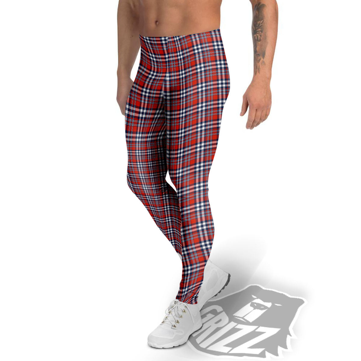 Red Blue And White Check Print Pattern Men's Leggings-grizzshop