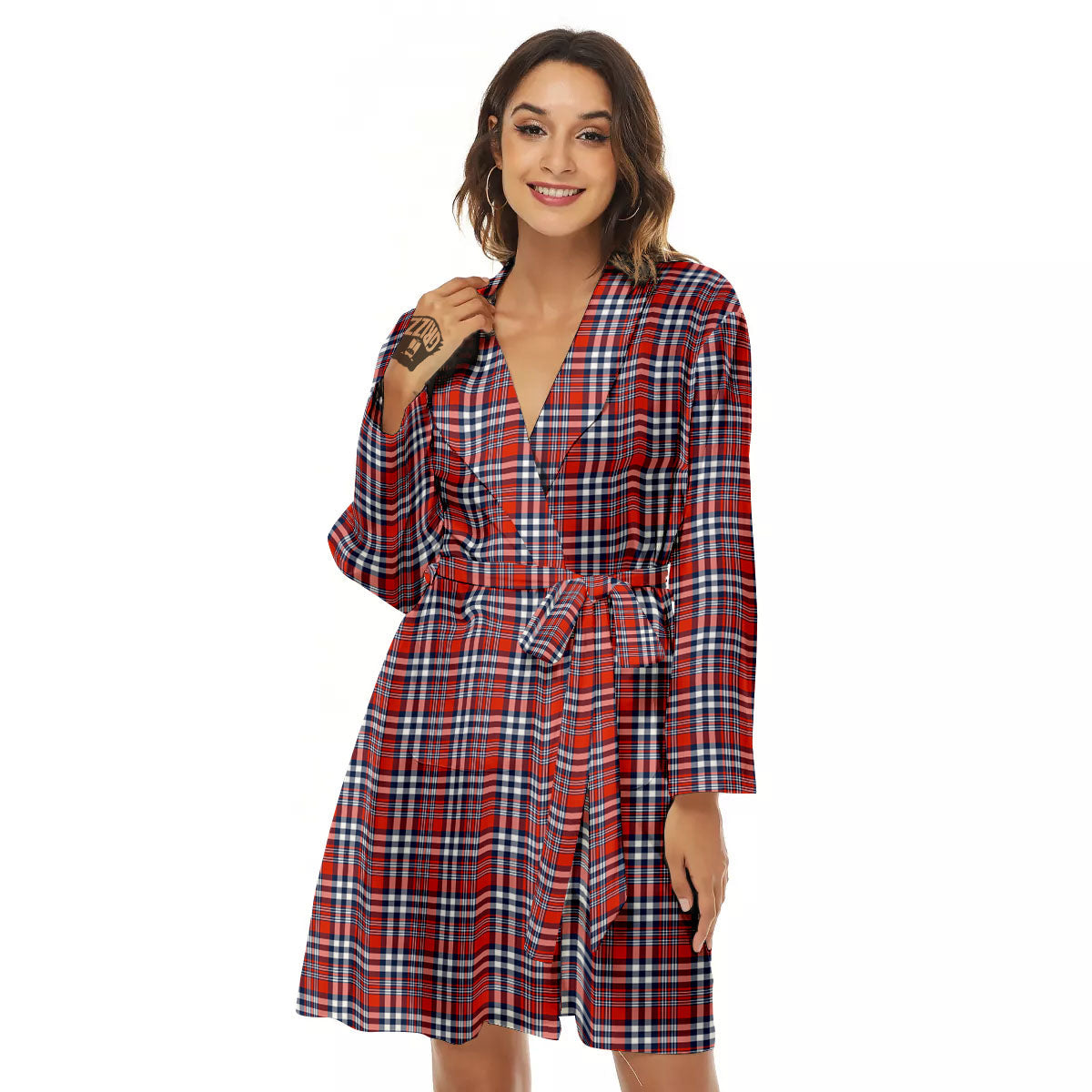 Red Blue And White Check Print Pattern Women's Robe-grizzshop