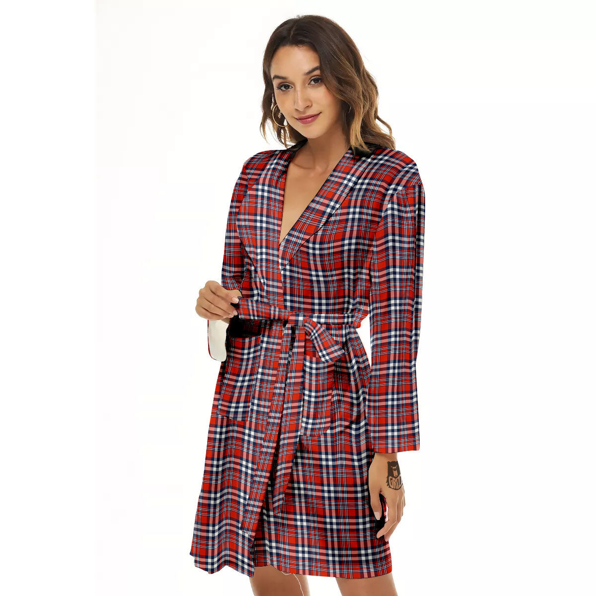 Red Blue And White Check Print Pattern Women's Robe-grizzshop