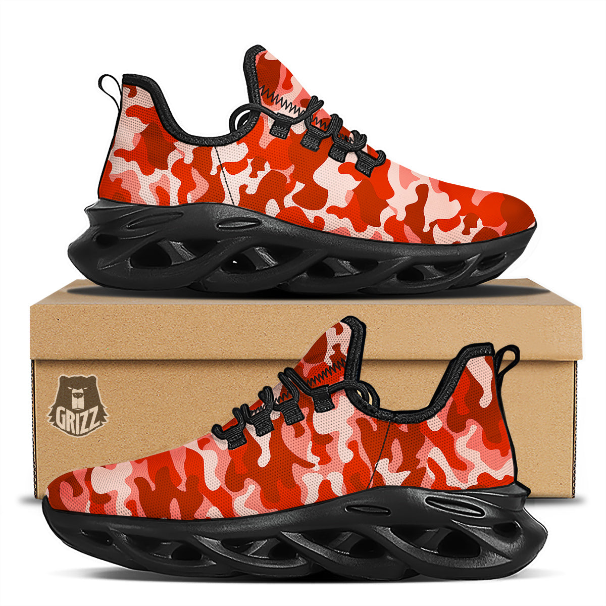 Red Camo And Camouflage Print Black Running Shoes-grizzshop