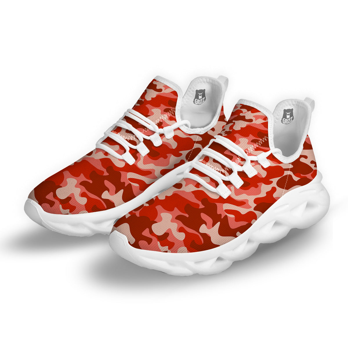 Red Camo And Camouflage Print White Running Shoes-grizzshop