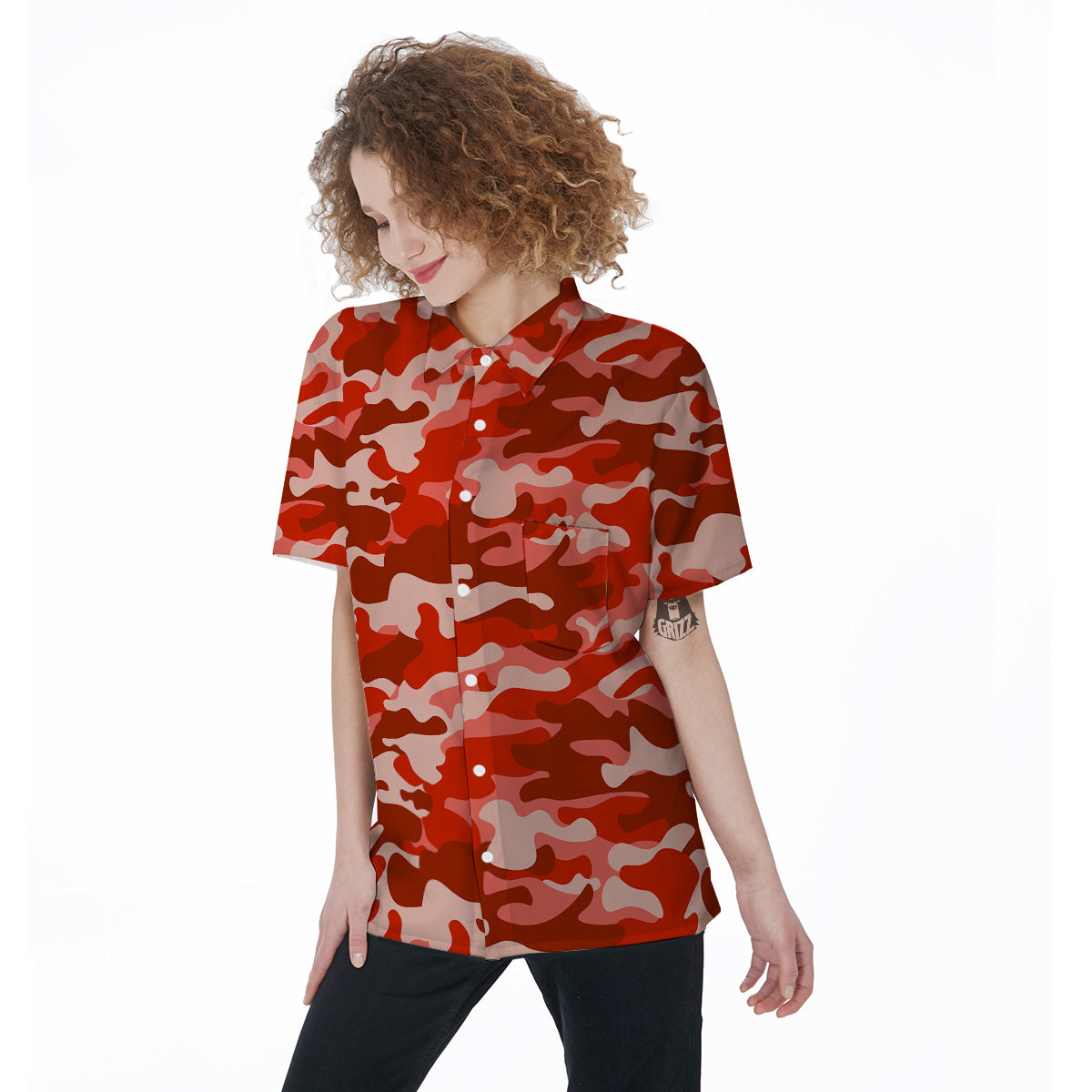 Red Camo And Camouflage Print Women's Short Sleeve Shirts-grizzshop