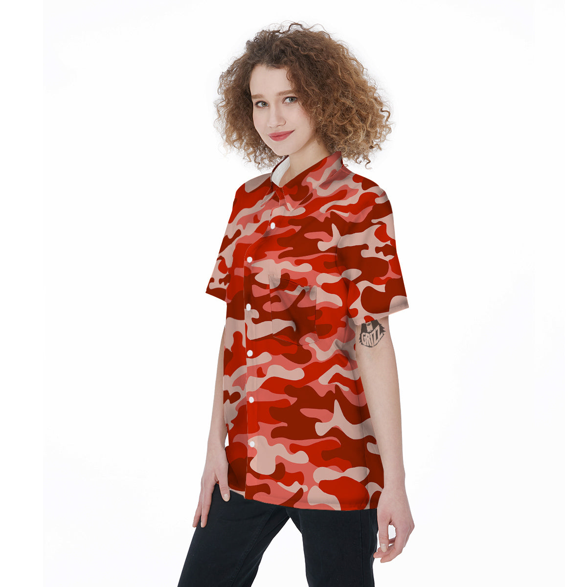 Red Camo And Camouflage Print Women's Short Sleeve Shirts-grizzshop