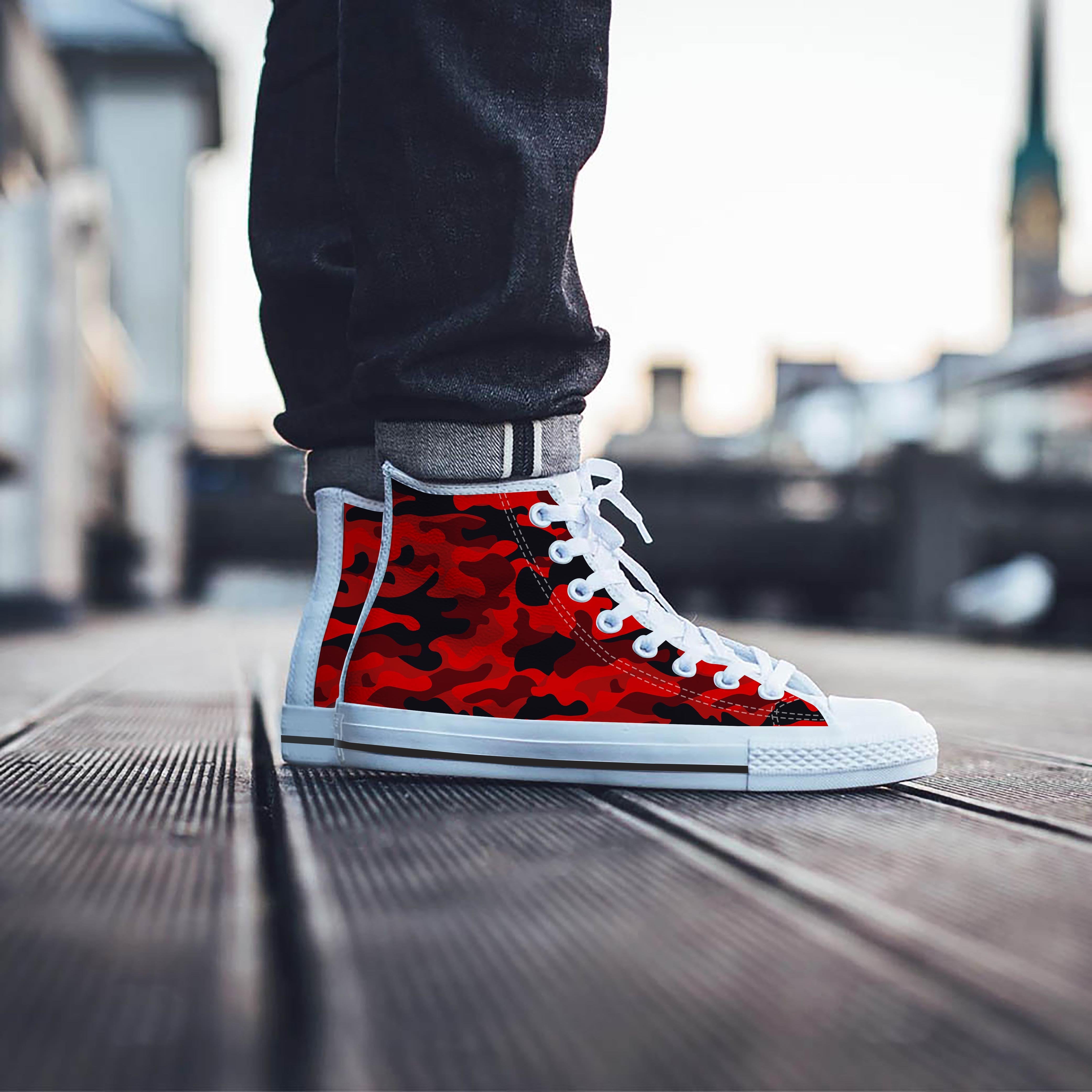 Red Camo Print Men's High Top Shoes-grizzshop