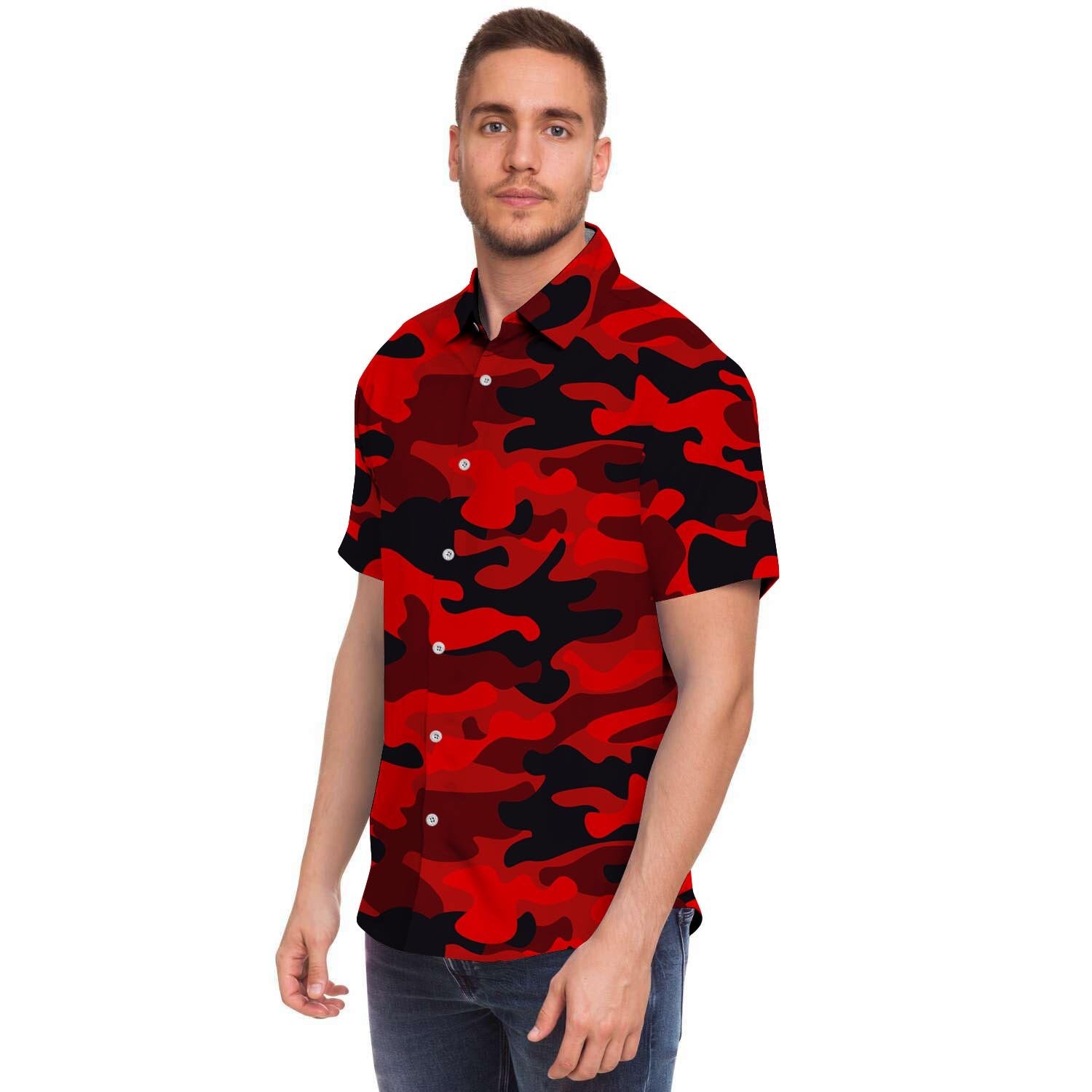 Red Camo Print Men's Short Sleeve Shirt-grizzshop