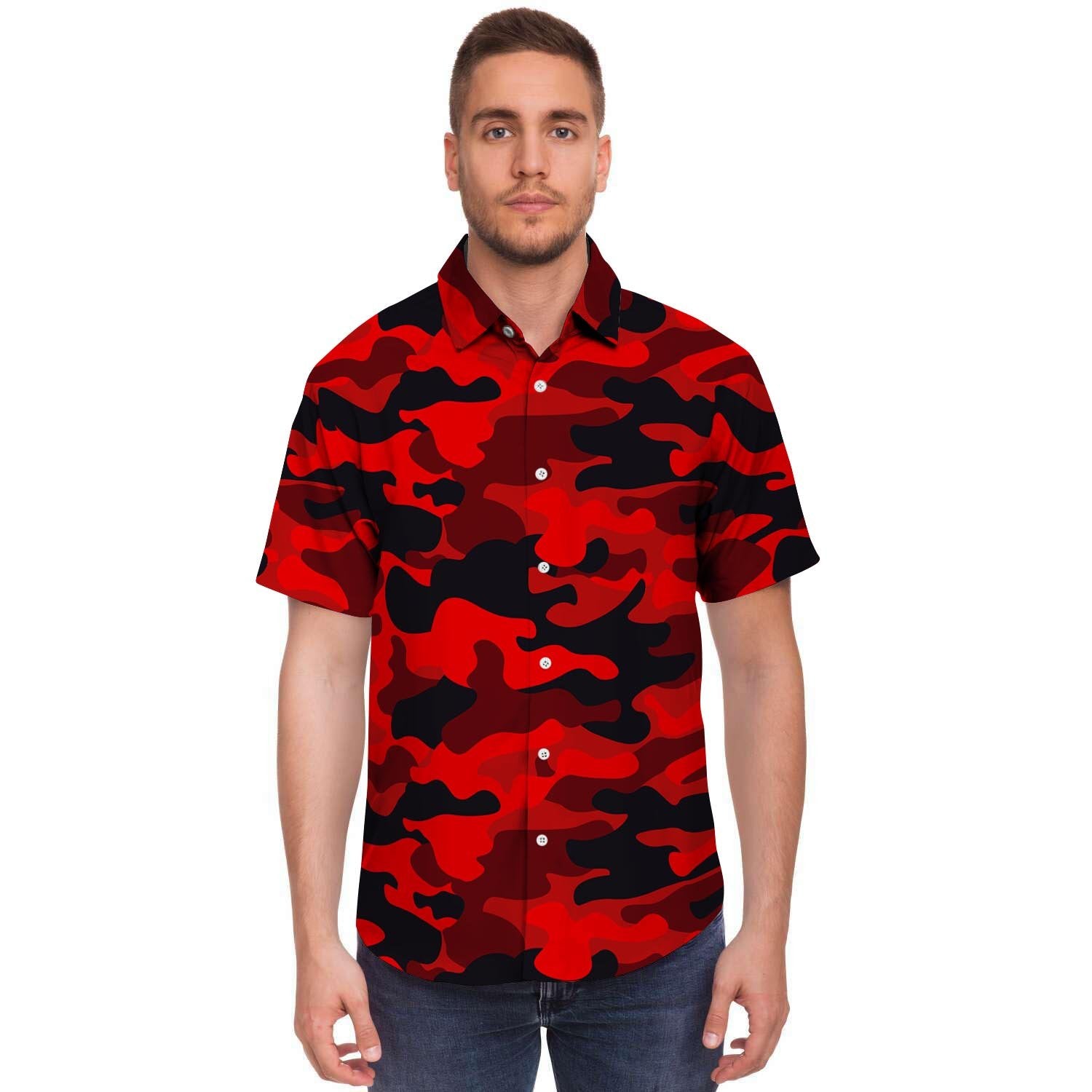 Red Camo Print Men's Short Sleeve Shirt-grizzshop