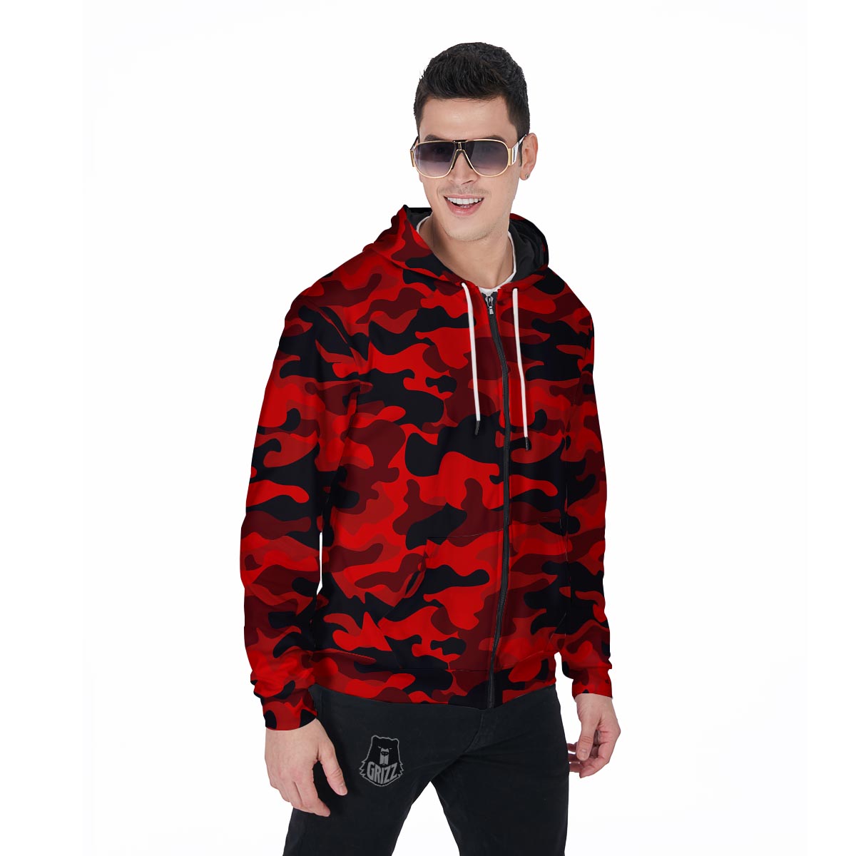 Red Camo Print Men's Zip Up Hoodie-grizzshop