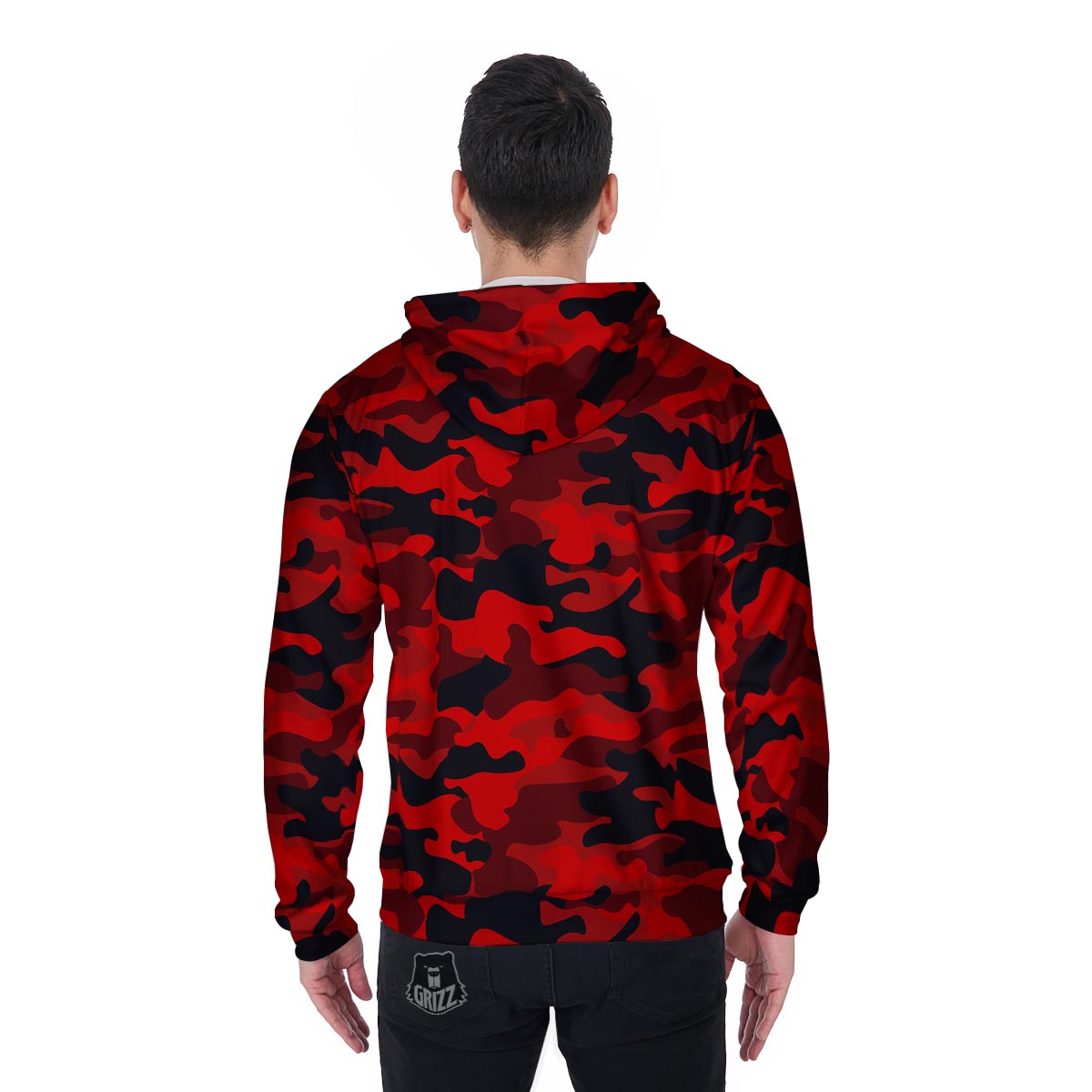 Red Camo Print Men's Zip Up Hoodie-grizzshop