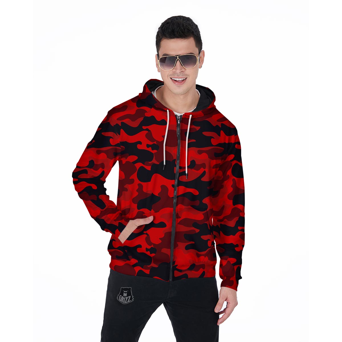 Red Camo Print Men's Zip Up Hoodie-grizzshop