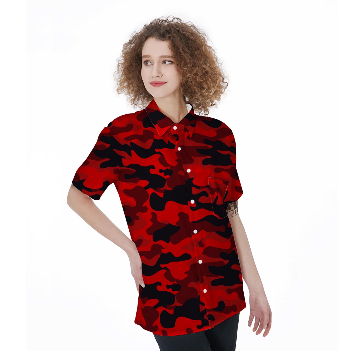 Red Camo Print Women's Short Sleeve Shirts-grizzshop