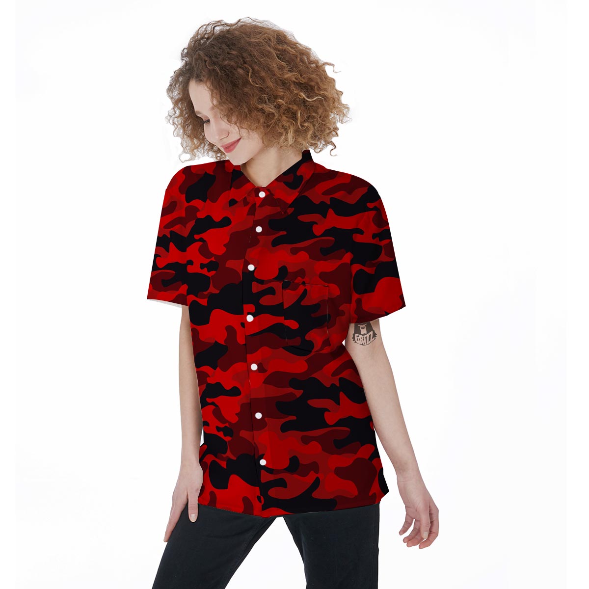 Red Camo Print Women's Short Sleeve Shirts-grizzshop