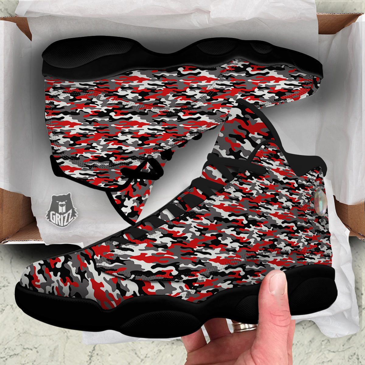 Red Camouflage Texture Military Print Black Basketball Shoes-grizzshop