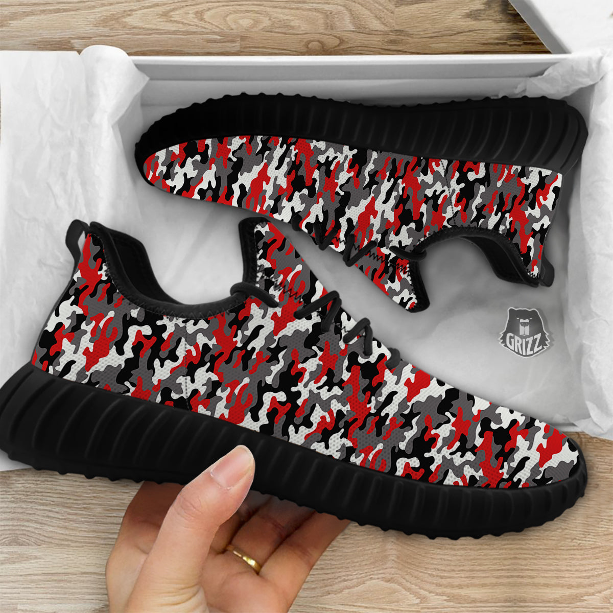 Red Camouflage Texture Military Print Black Walking Shoes-grizzshop