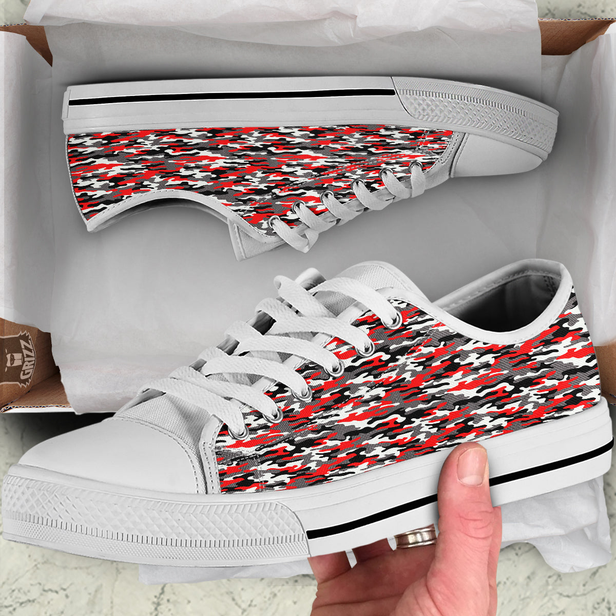 Red Camouflage Texture Military Print White Low Top Shoes-grizzshop