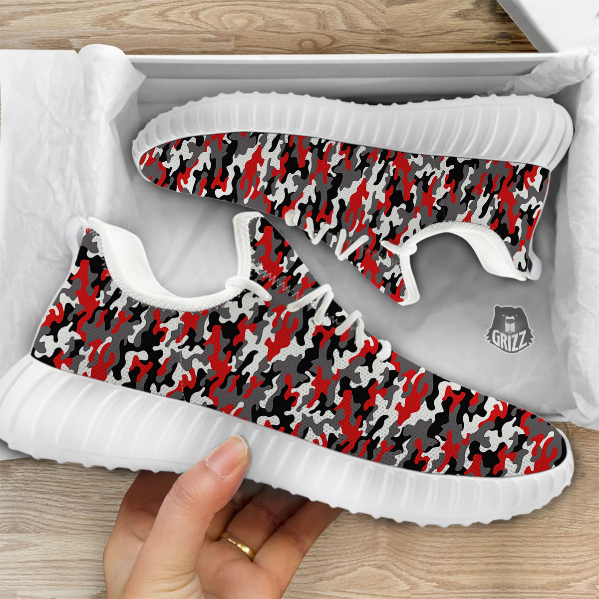 Red Camouflage Texture Military Print White Walking Shoes-grizzshop