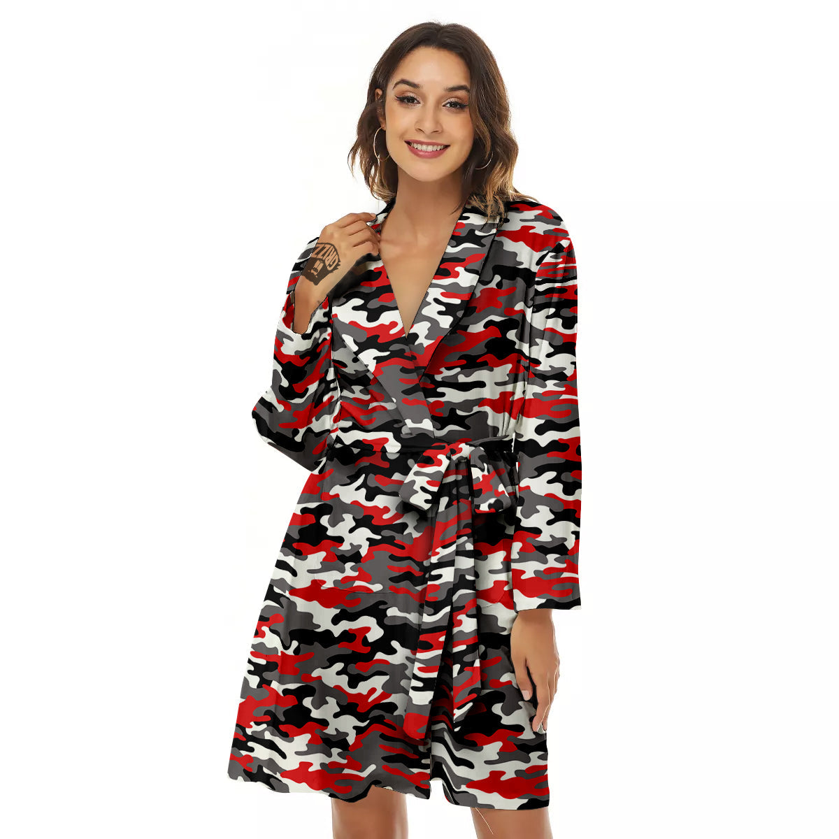 Red Camouflage Texture Military Print Women's Robe-grizzshop