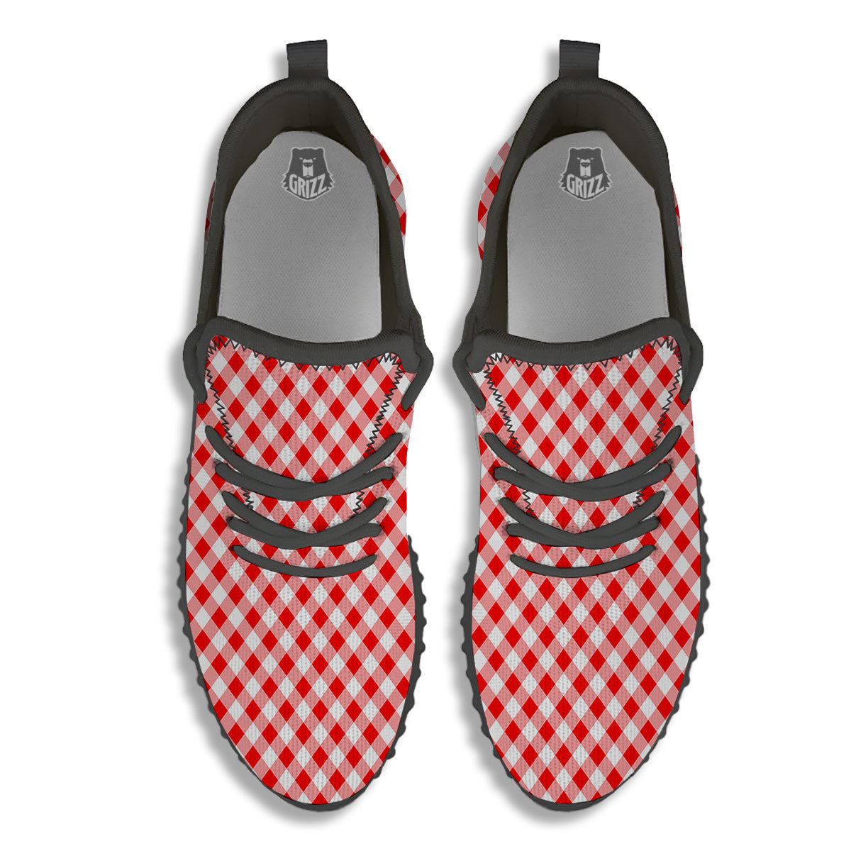 Red Cardinal And White Gingham Print Black Walking Shoes-grizzshop
