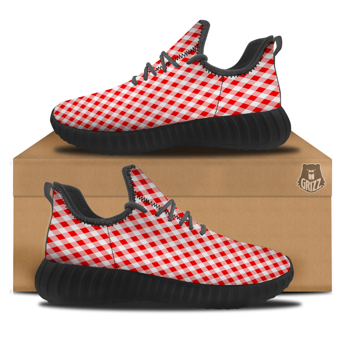 Red Cardinal And White Gingham Print Black Walking Shoes-grizzshop