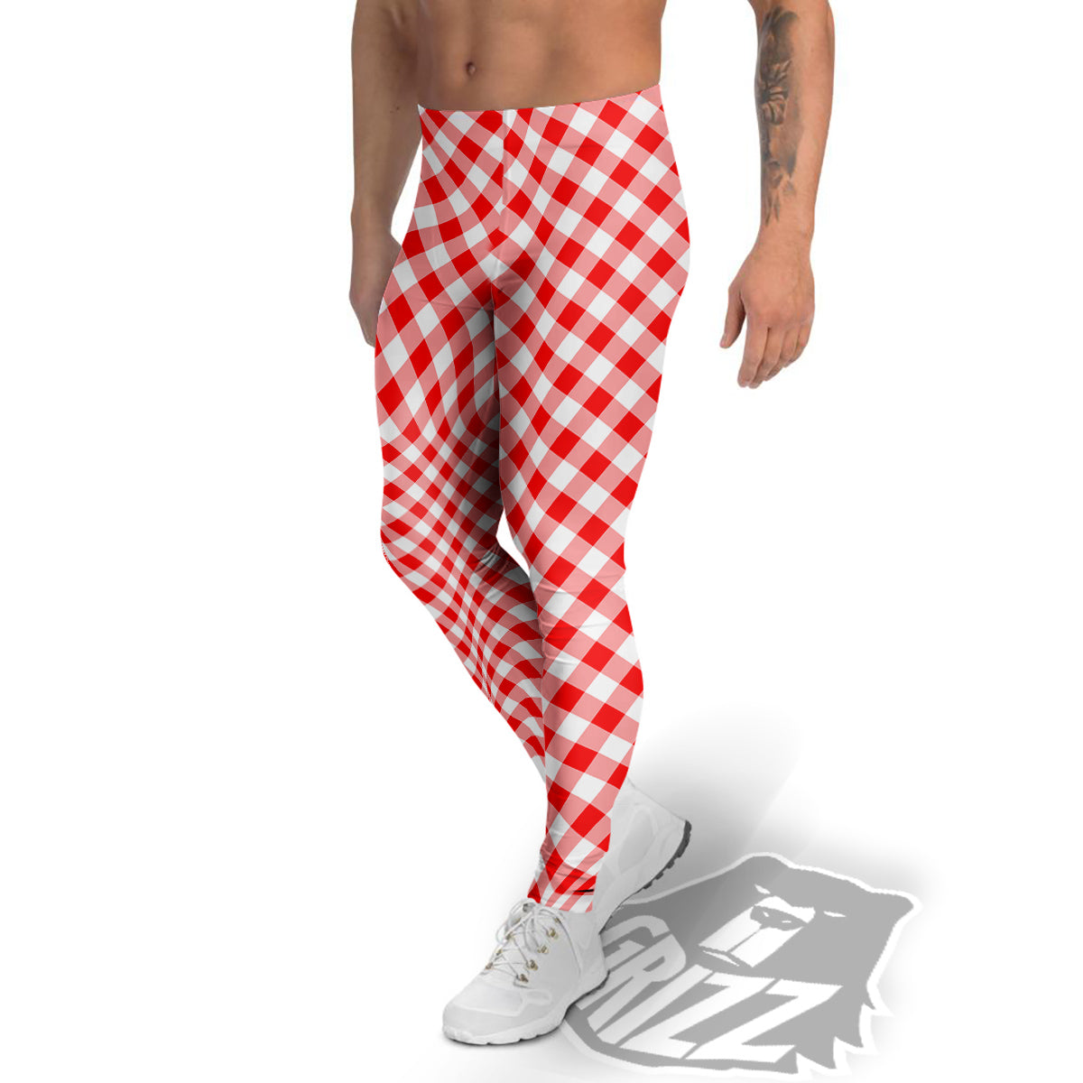 Red Cardinal And White Gingham Print Men's Leggings-grizzshop