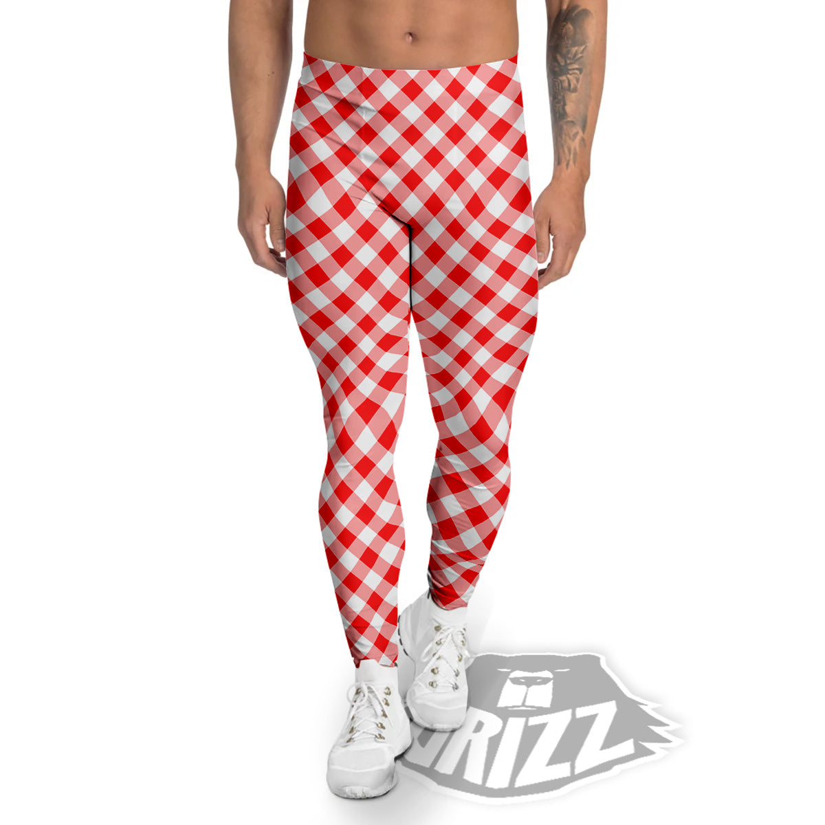 Red Cardinal And White Gingham Print Men's Leggings-grizzshop