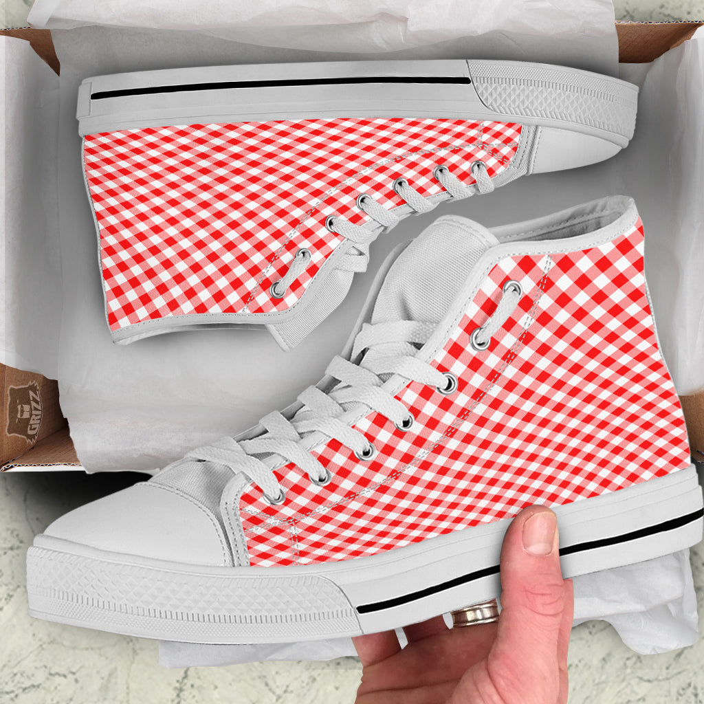 Red Cardinal And White Gingham Print White High Top Shoes-grizzshop