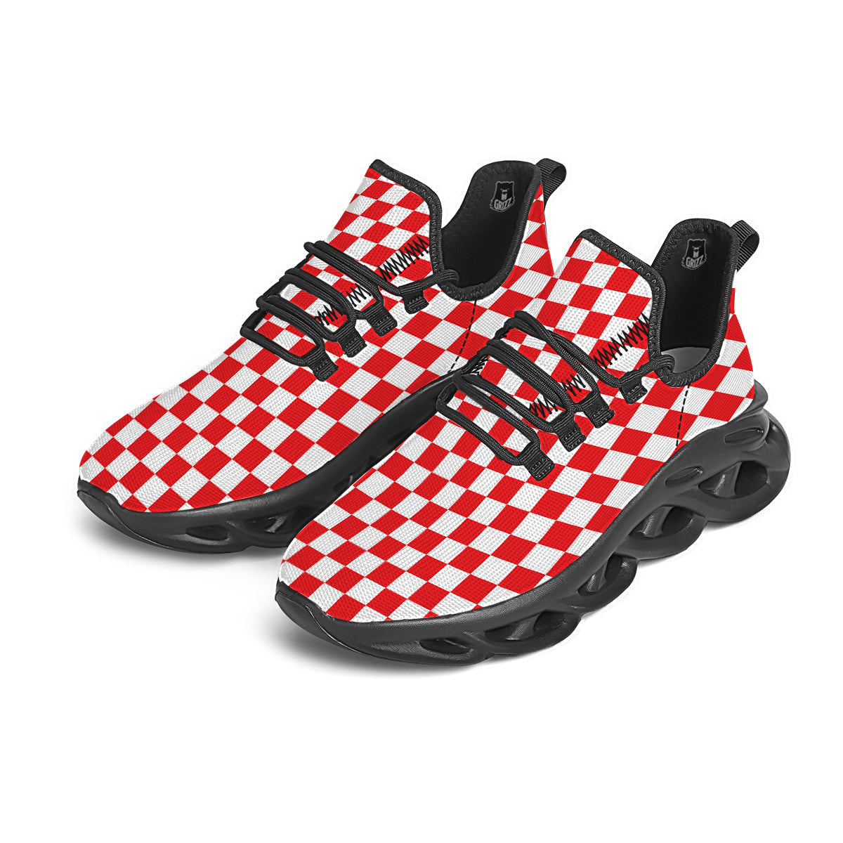 Red Checkered Flag Print Black Running Shoes-grizzshop