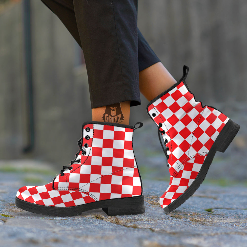 Red Checkered Flag Print Leather Boots-grizzshop