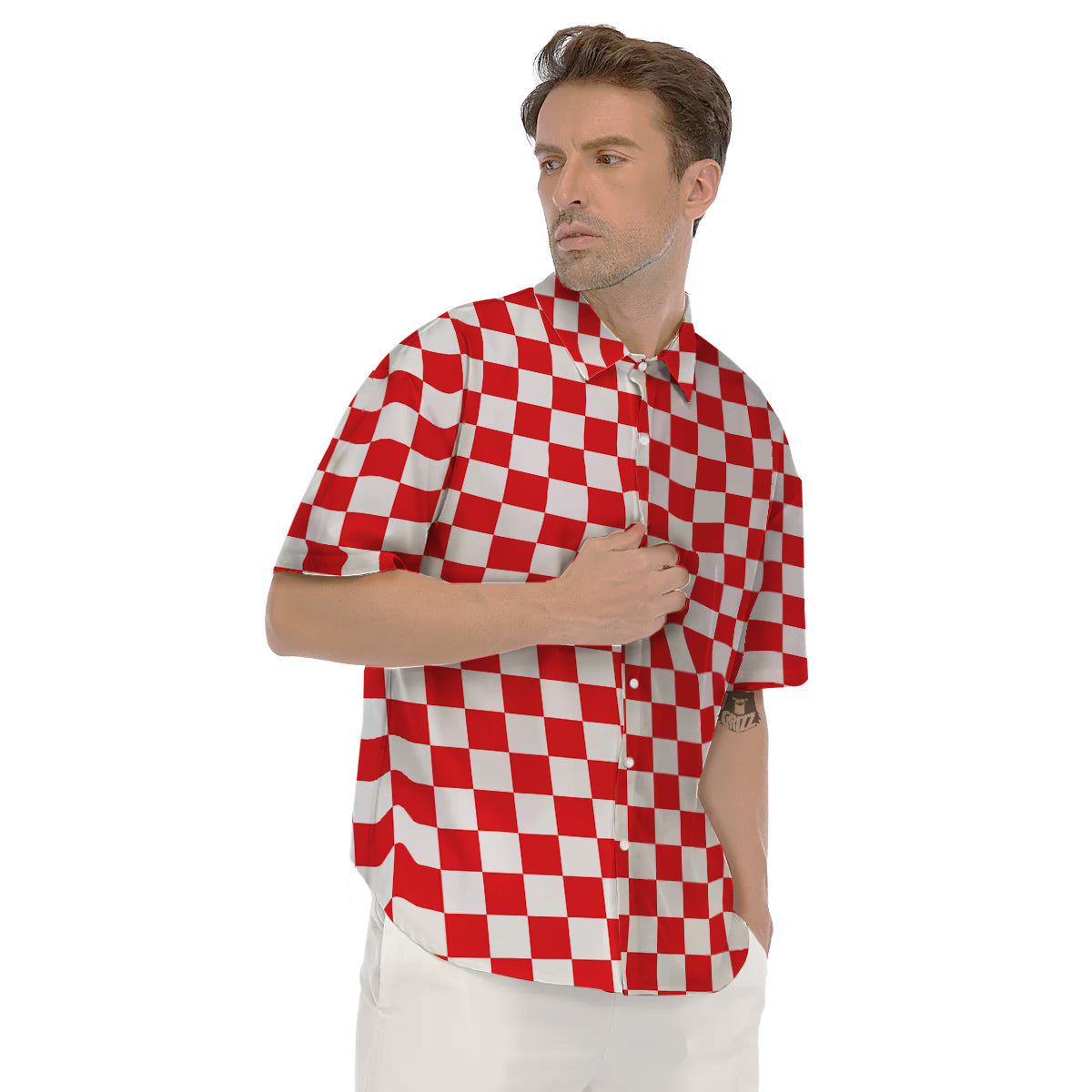 Red Checkered Flag Print Men's Short Sleeve Shirts-grizzshop