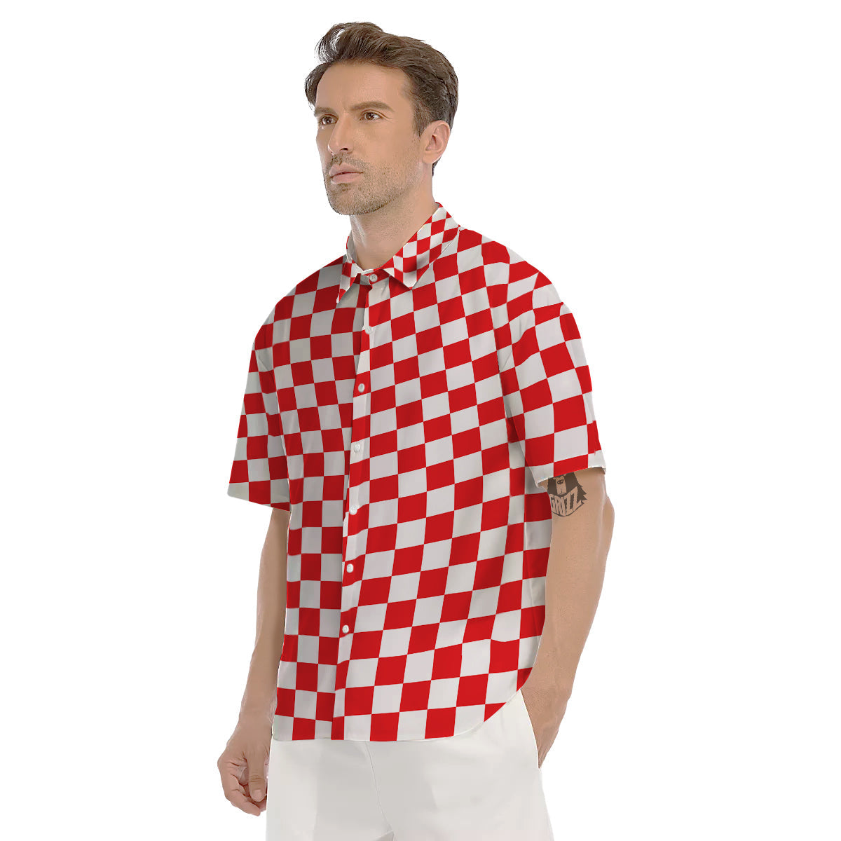 Red Checkered Flag Print Men's Short Sleeve Shirts-grizzshop