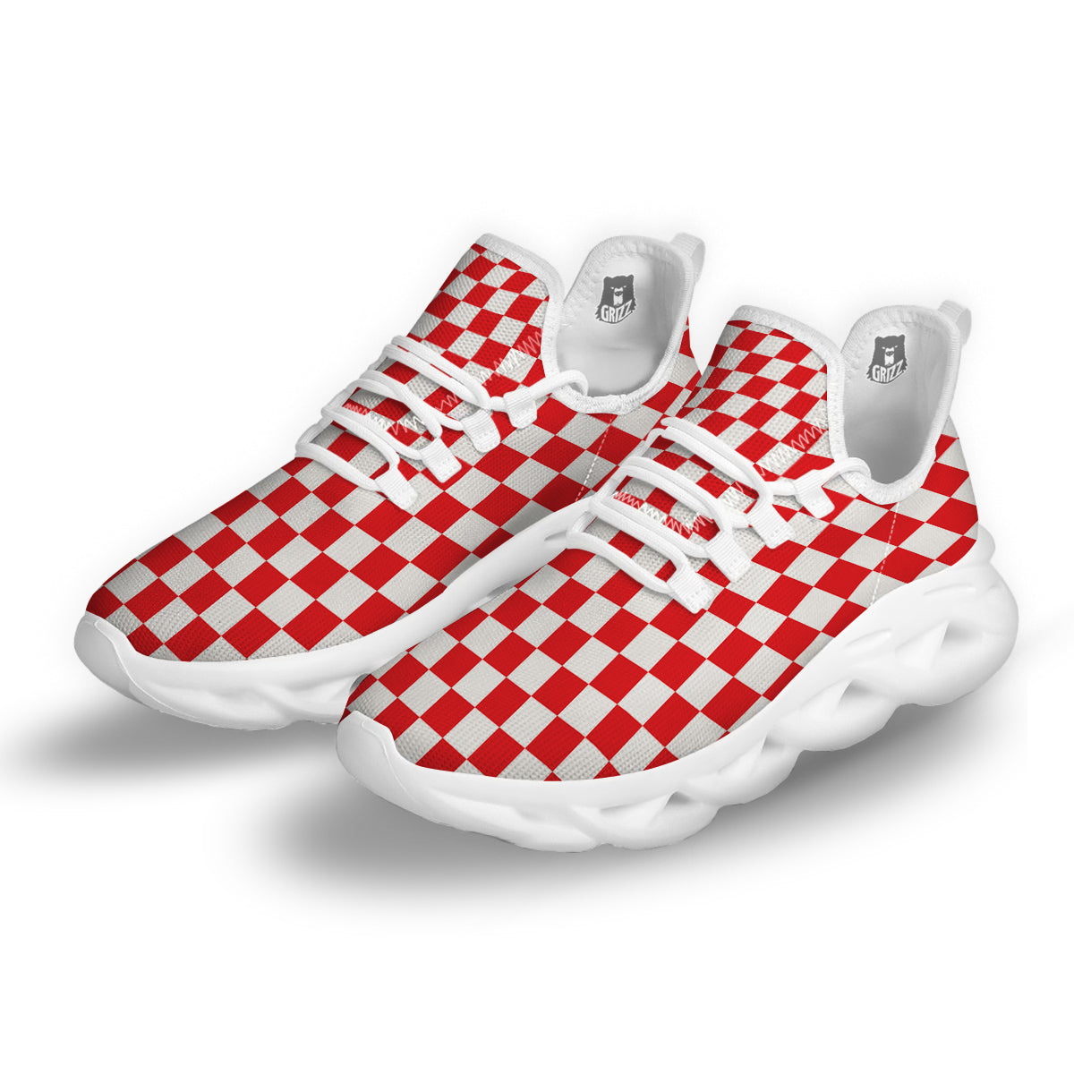 Red Checkered Flag Print White Running Shoes-grizzshop