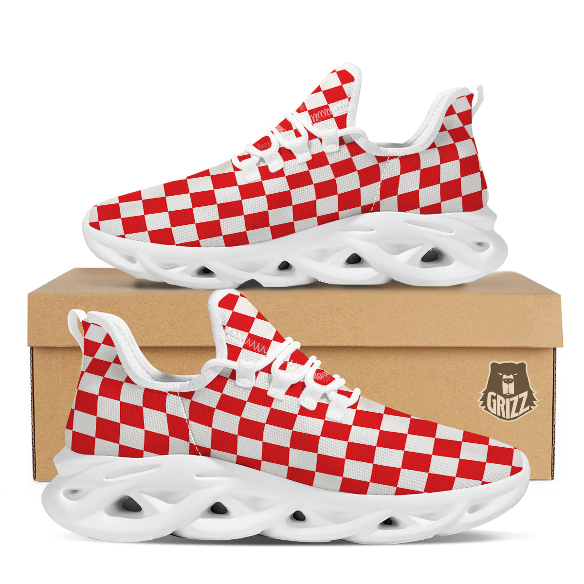Red Checkered Flag Print White Running Shoes-grizzshop