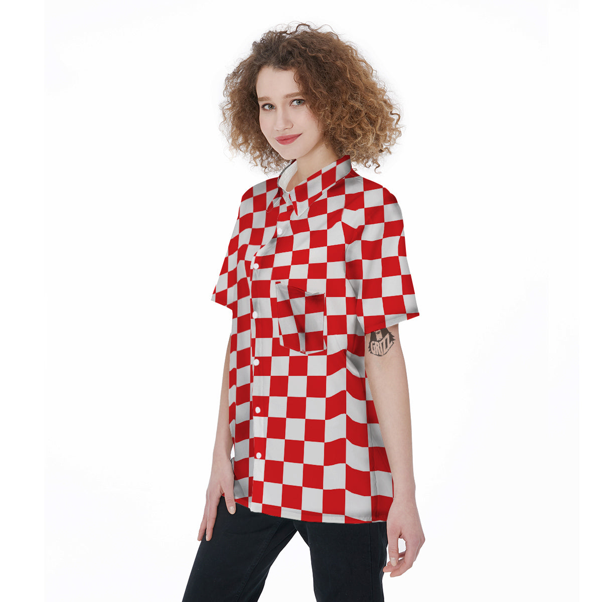 Red Checkered Flag Print Women's Short Sleeve Shirts-grizzshop