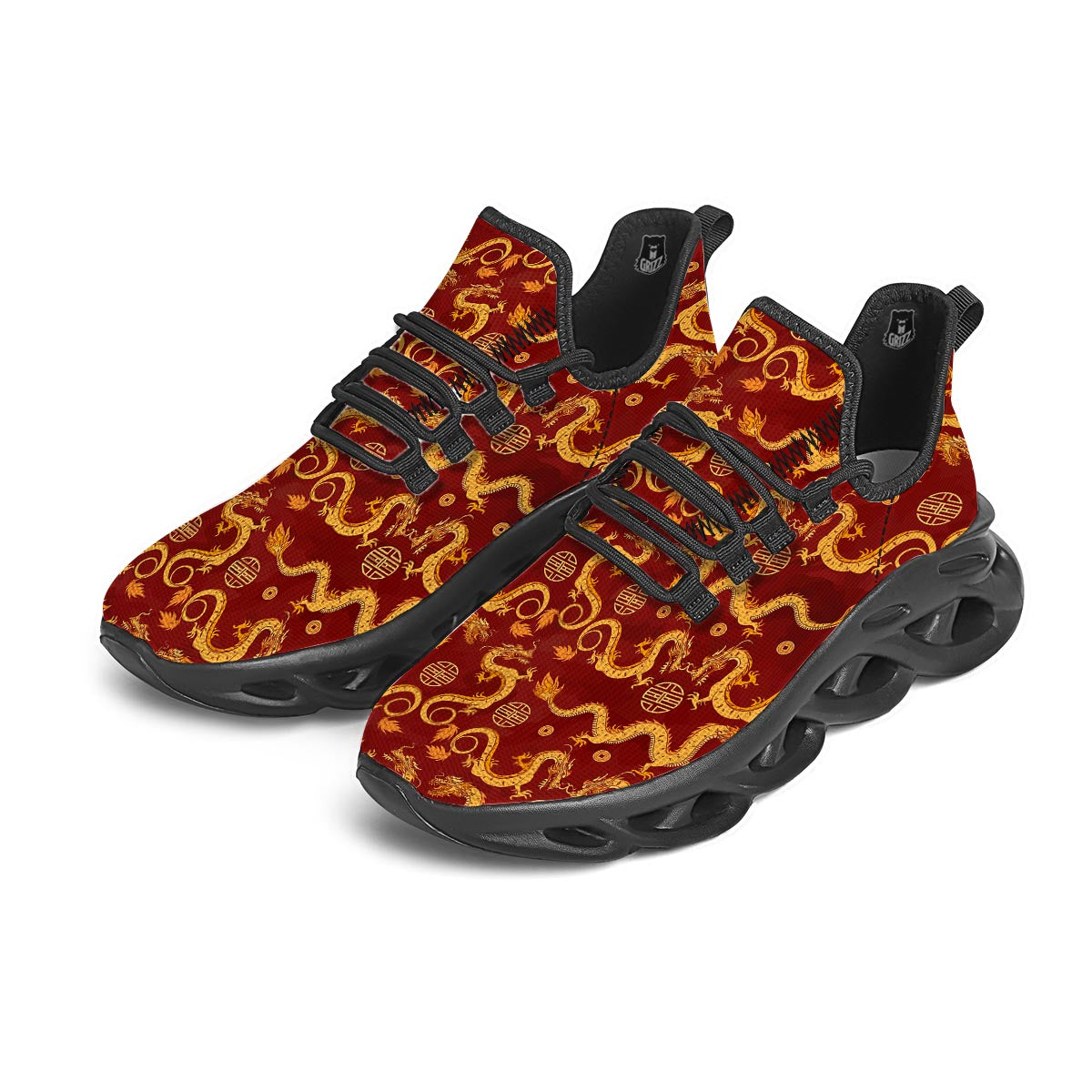 Red Chinese Dragon Black Running Shoes-grizzshop