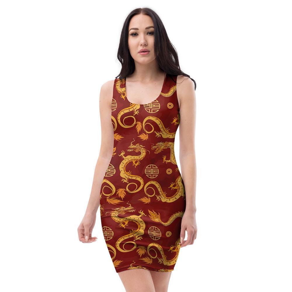 Red Chinese Dragon Bodycon Dress-grizzshop